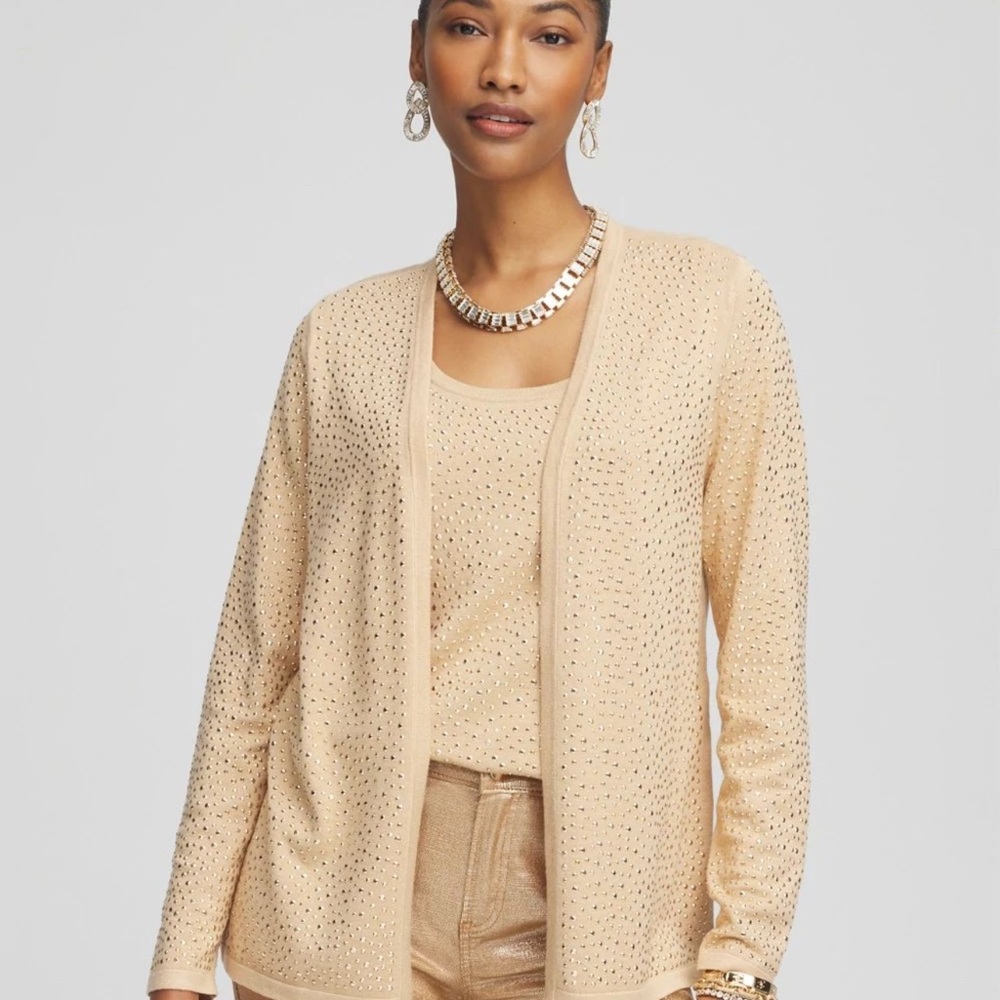 Chicos size 3 (women’s size 16) gold tone studded tank and cardigan set.